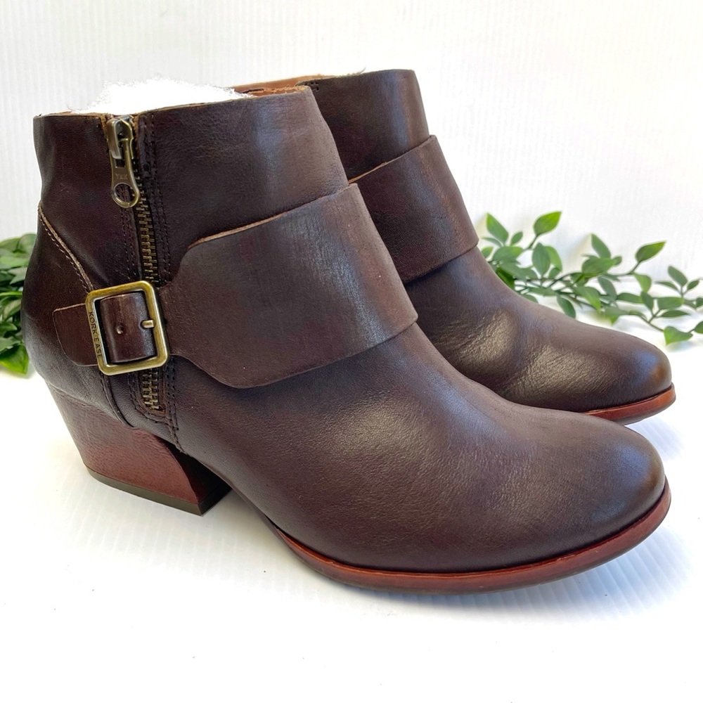 Kork-Ease Brown Leather Ankle Booties with Side Buckle